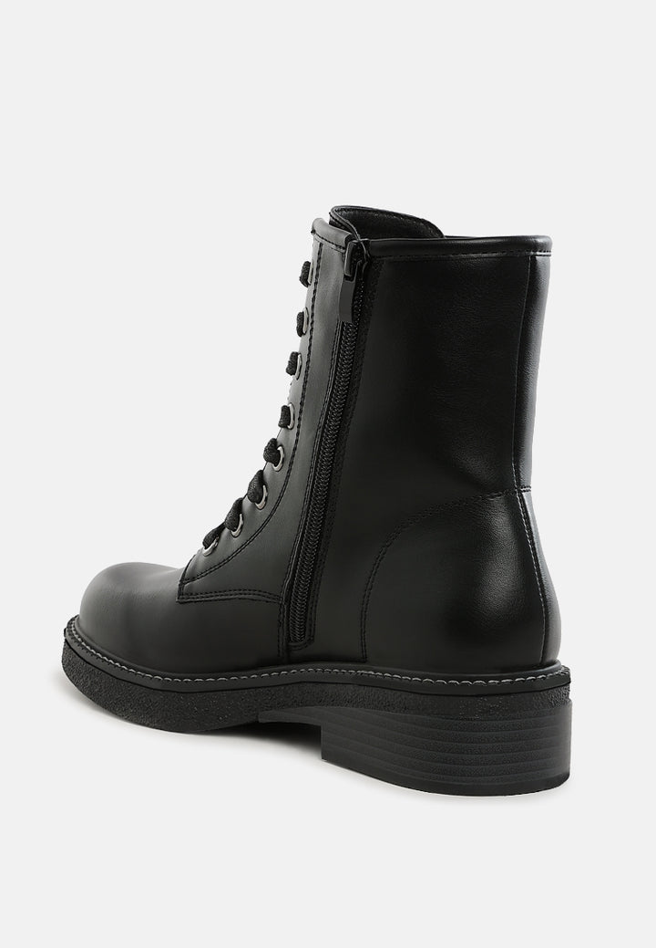 women faux leather lace up boots#color_black