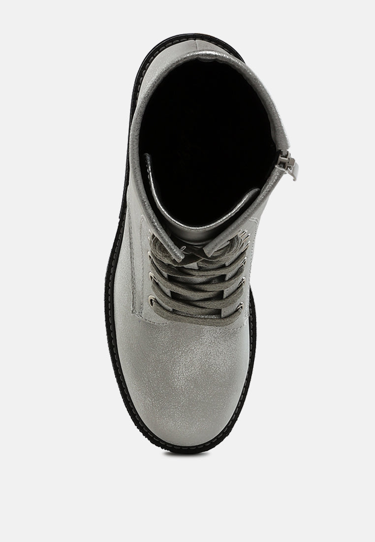 women faux leather lace up boots#color_silver
