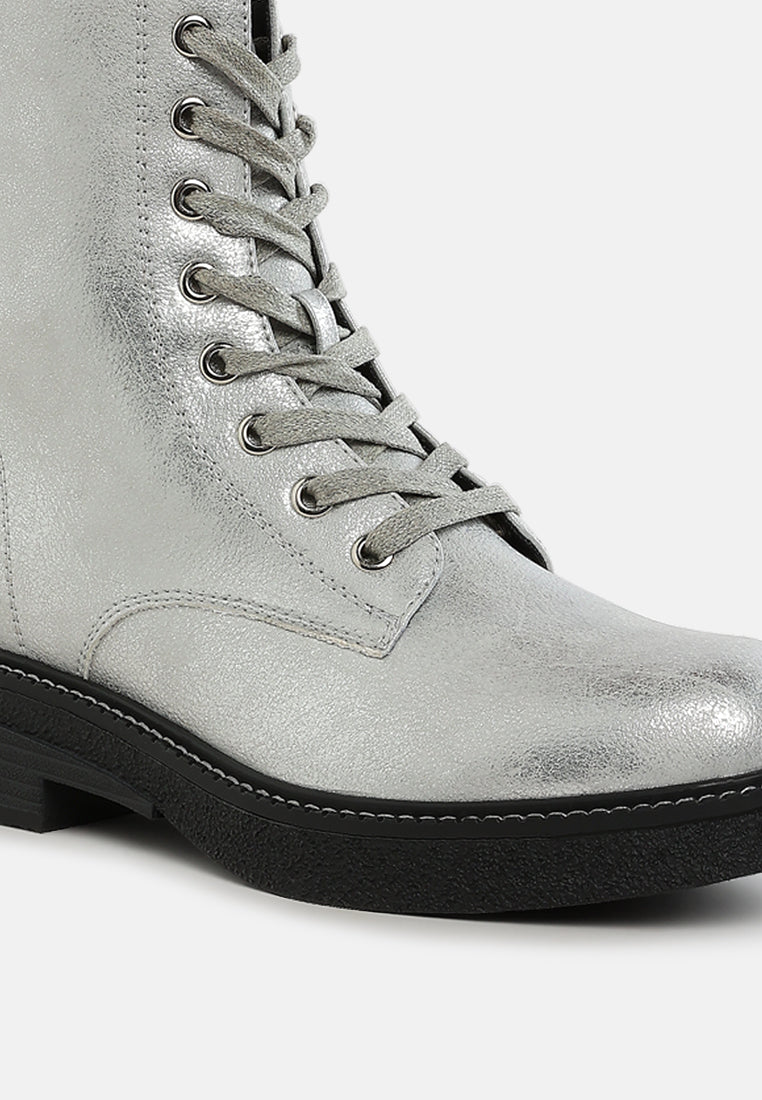 women faux leather lace up boots#color_silver