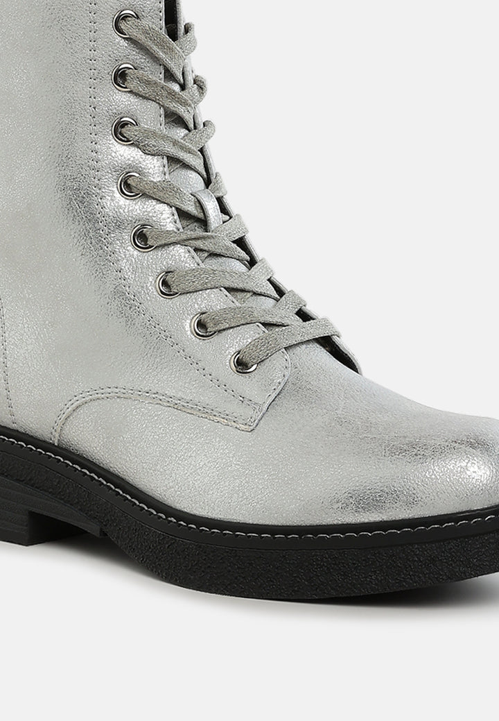 women faux leather lace up boots#color_silver