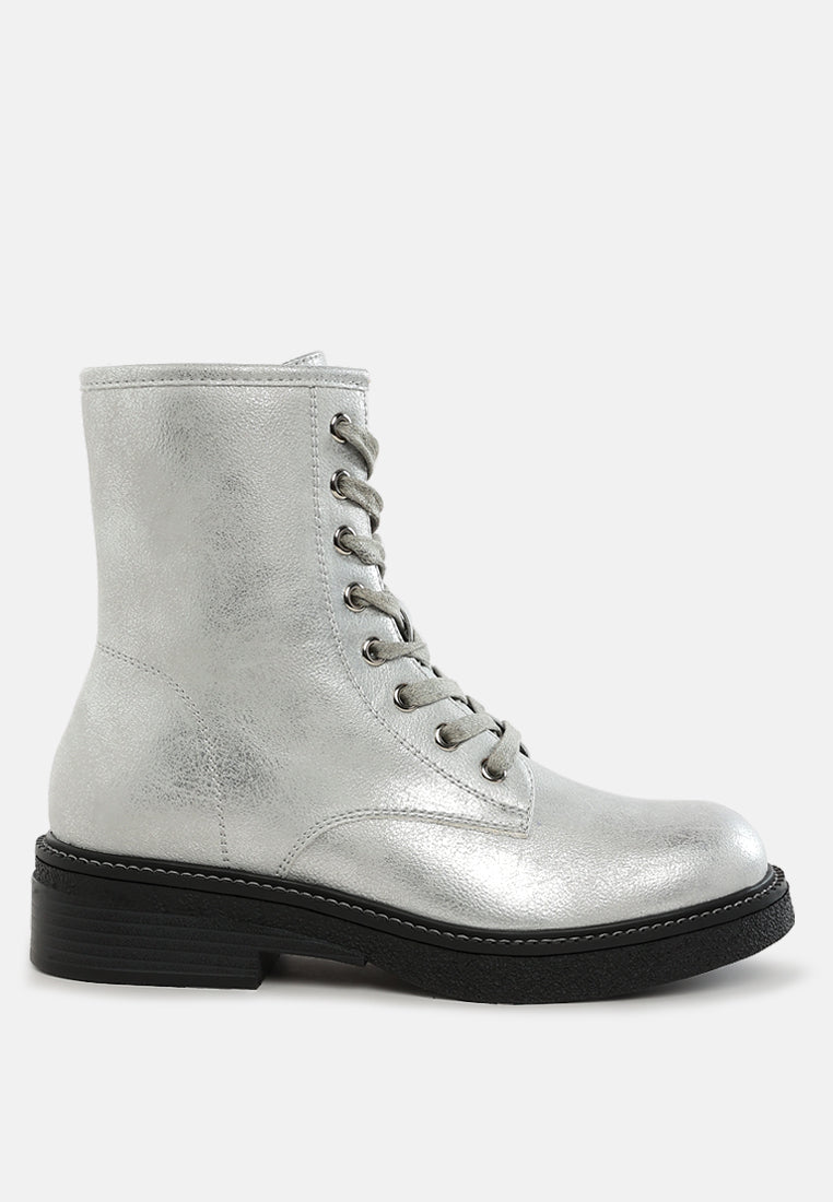 women faux leather lace up boots#color_silver