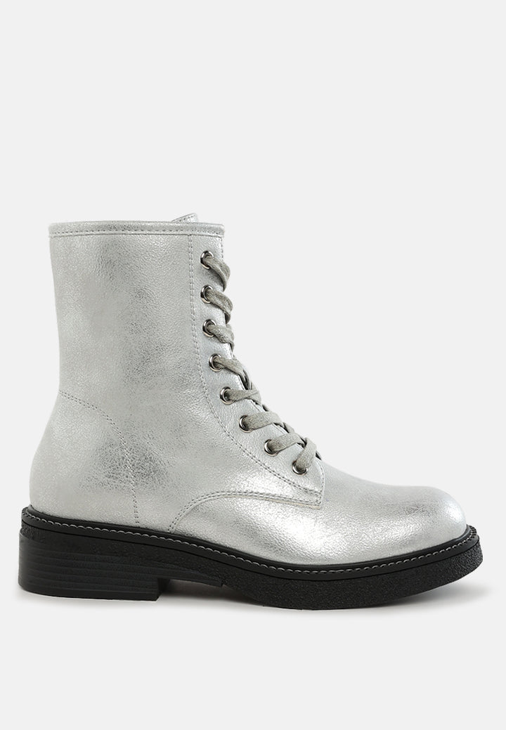 women faux leather lace up boots#color_silver