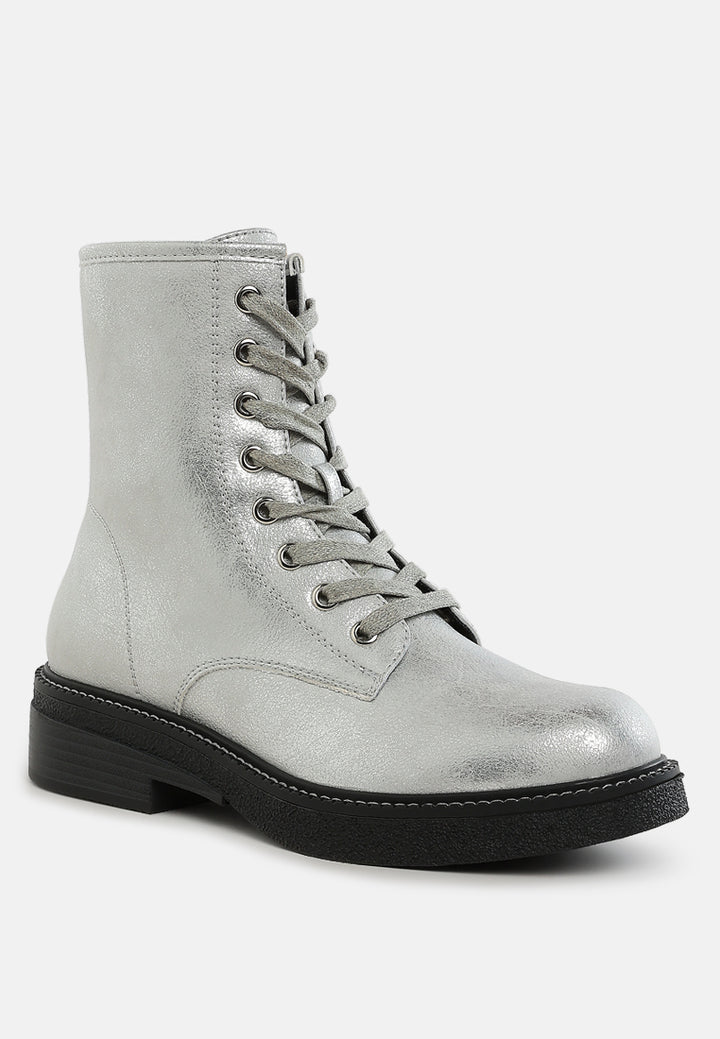 women faux leather lace up boots#color_silver