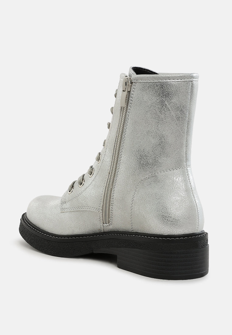 women faux leather lace up boots#color_silver