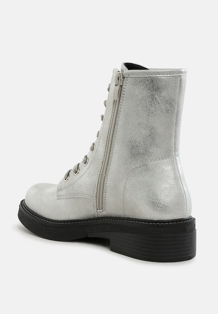 women faux leather lace up boots#color_silver