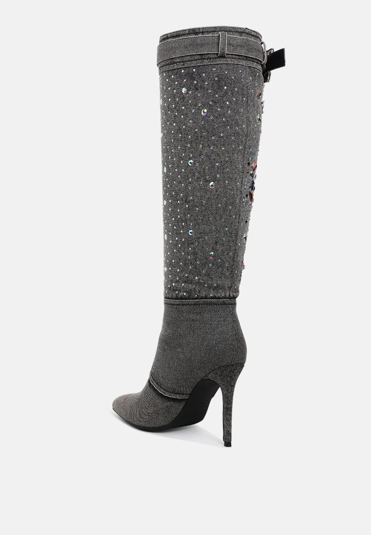 women multi color stones denim boots#color_black