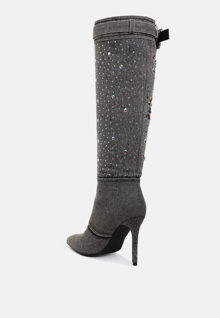 women multi color stones denim boots#color_black