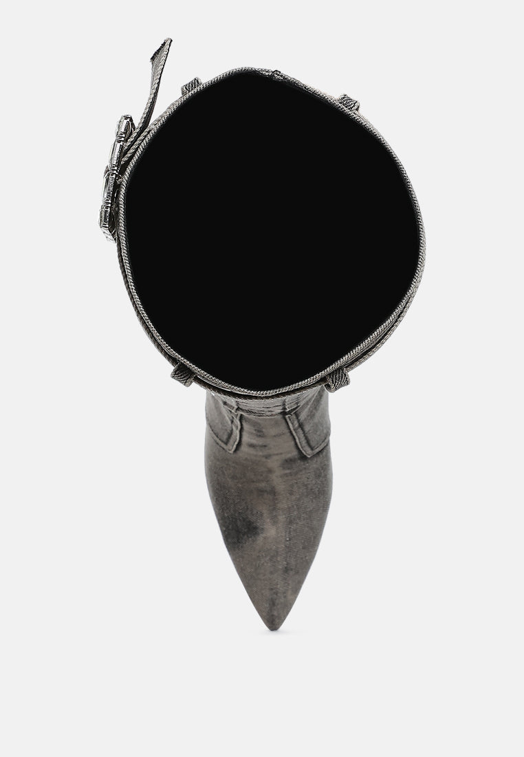 women multi color stones denim boots#color_black