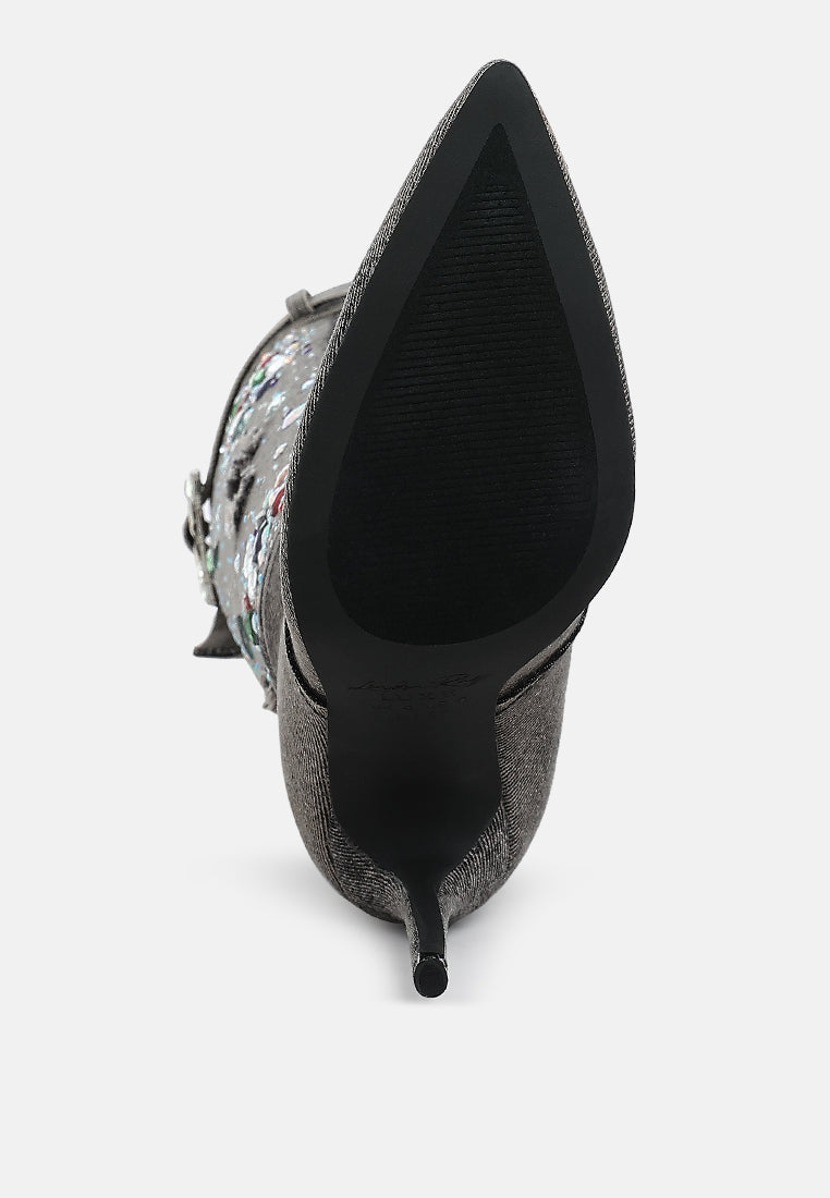 women multi color stones denim boots#color_black