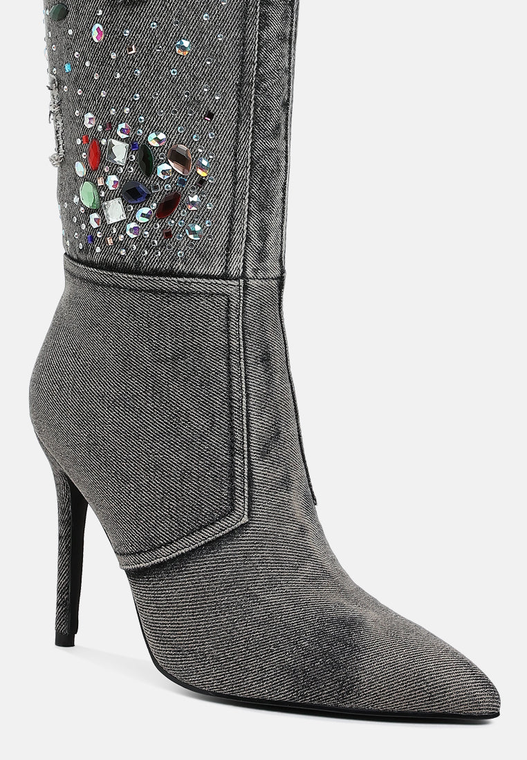 women multi color stones denim boots#color_black