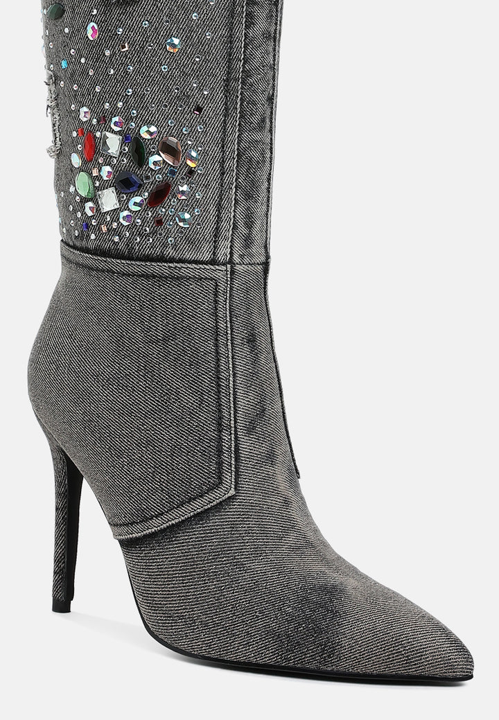 women multi color stones denim boots#color_black