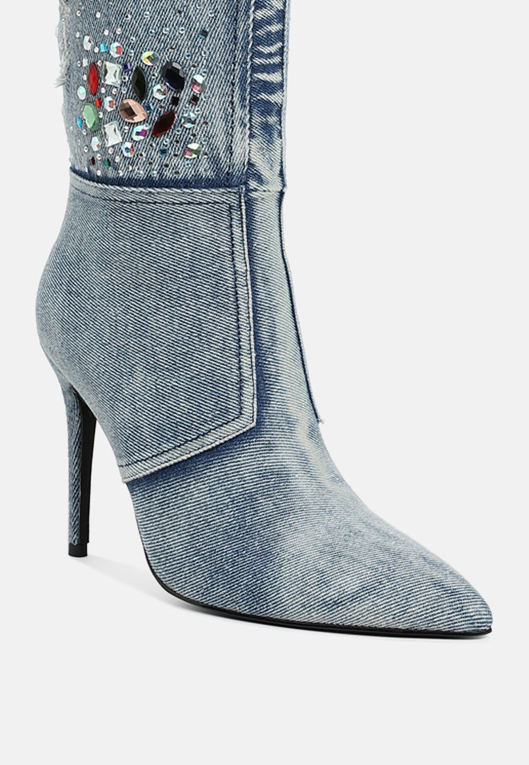 women multi color stones denim boots#color_denim