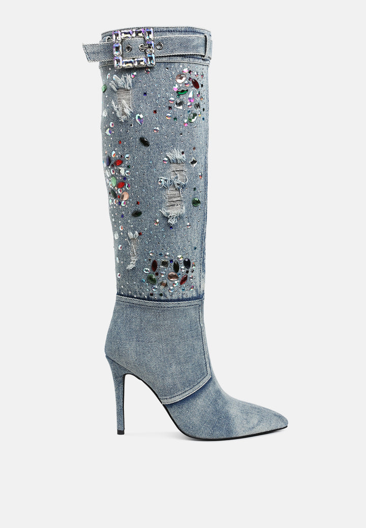 women multi color stones denim boots#color_denim