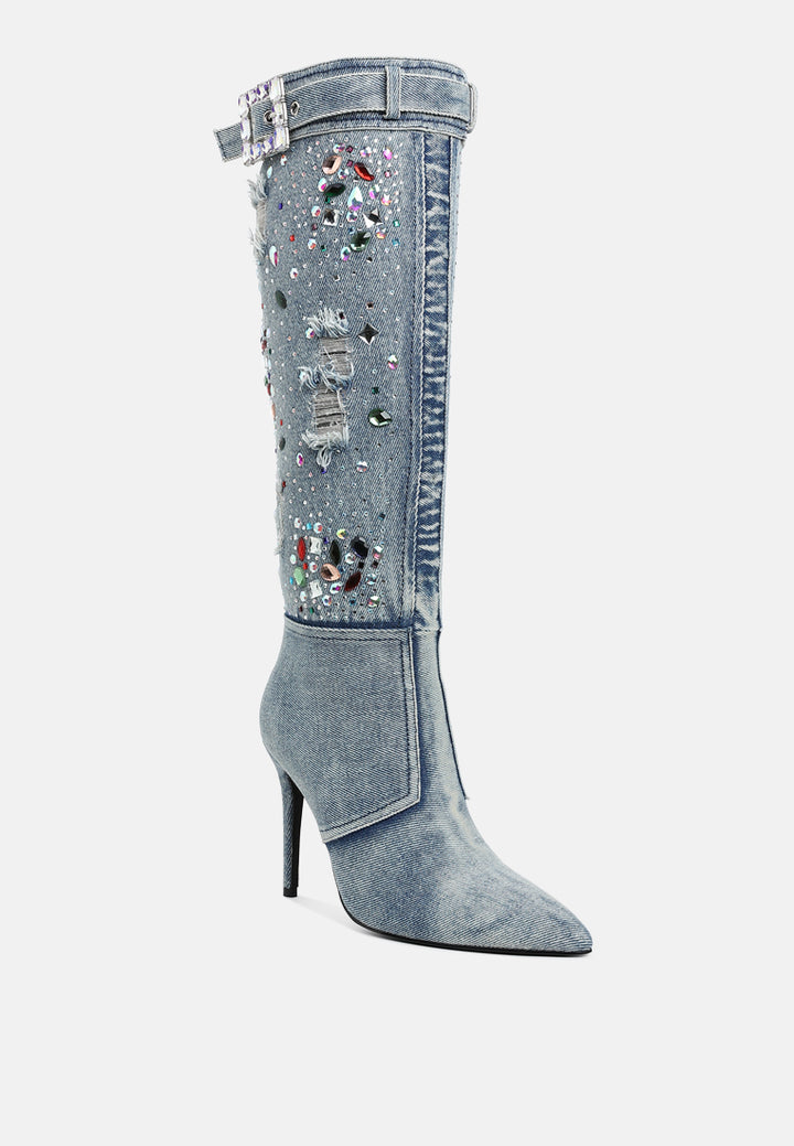 women multi color stones denim boots#color_denim