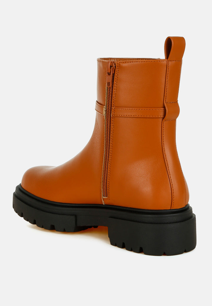 women buckle belt ankle boots#color_tan