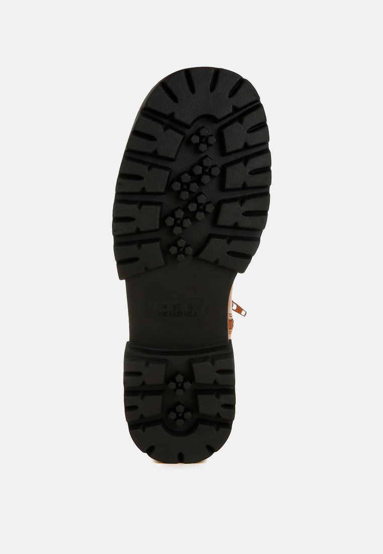 women buckle belt ankle boots#color_tan