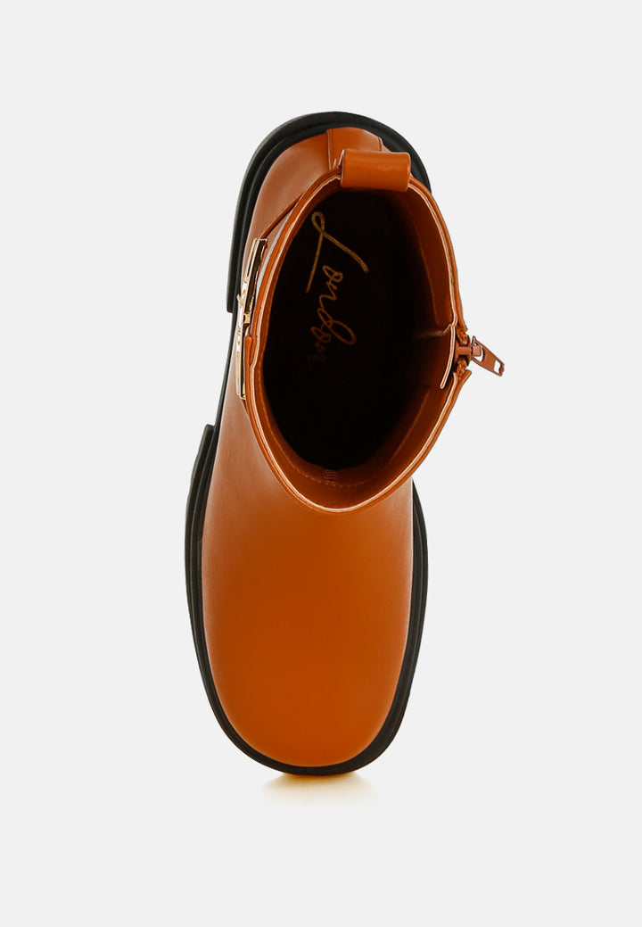 women buckle belt ankle boots#color_tan