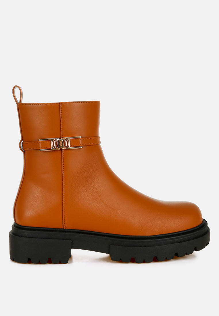 women buckle belt ankle boots#color_tan