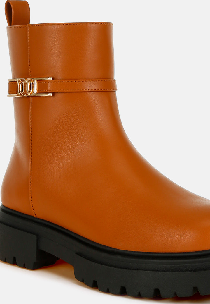 women buckle belt ankle boots#color_tan