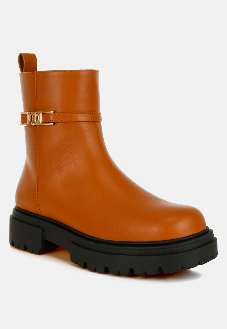 women buckle belt ankle boots#color_tan