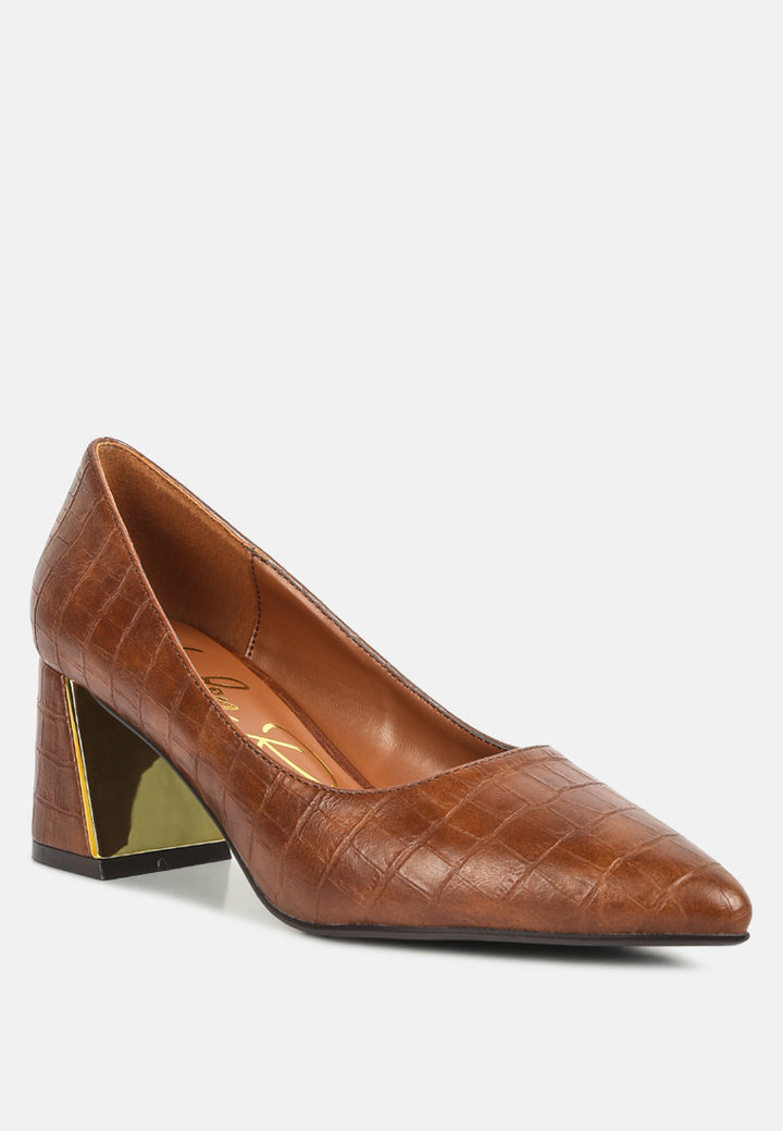 women croc block heel pump shoes#color_tan