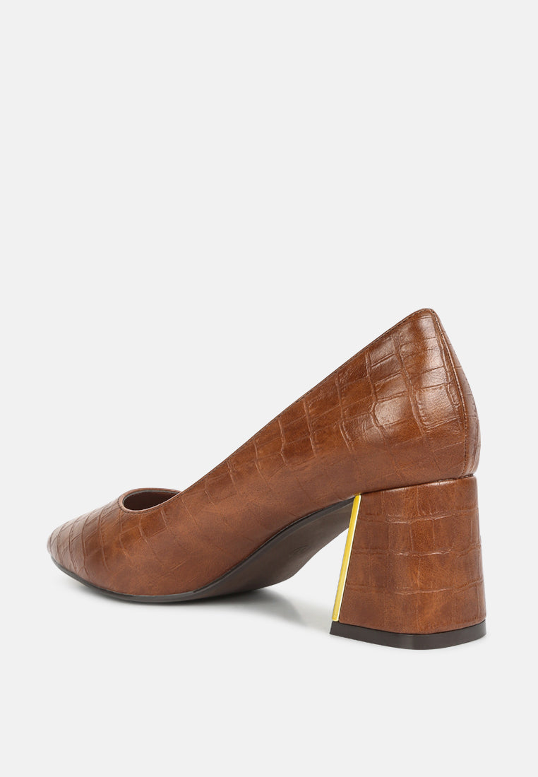women croc block heel pump shoes#color_tan