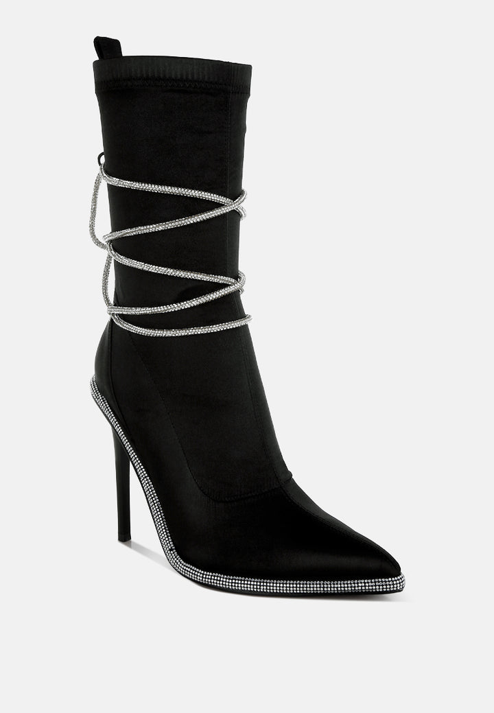 women rhinestones strap satin calf boots#color_black