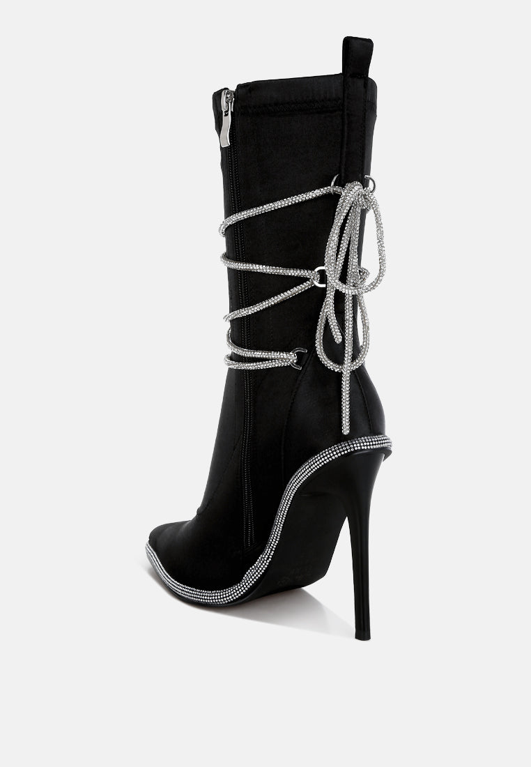 women rhinestones strap satin calf boots#color_black