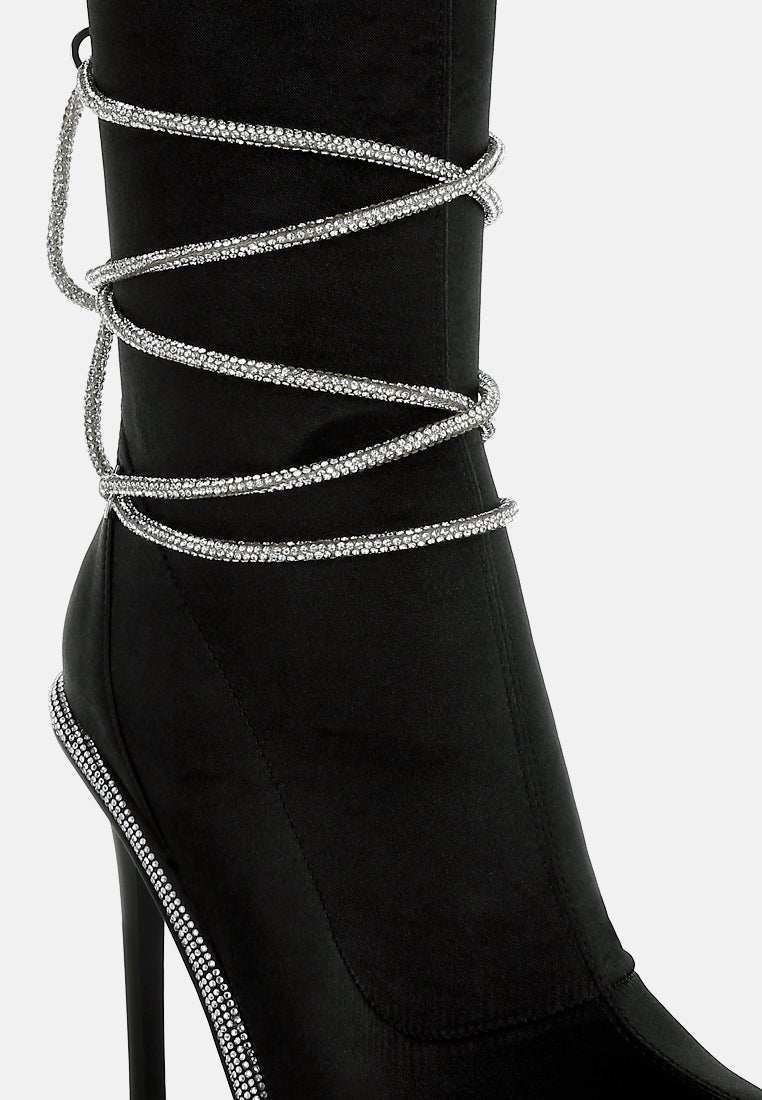 women rhinestones strap satin calf boots#color_black