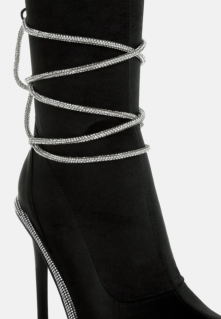 women rhinestones strap satin calf boots#color_black