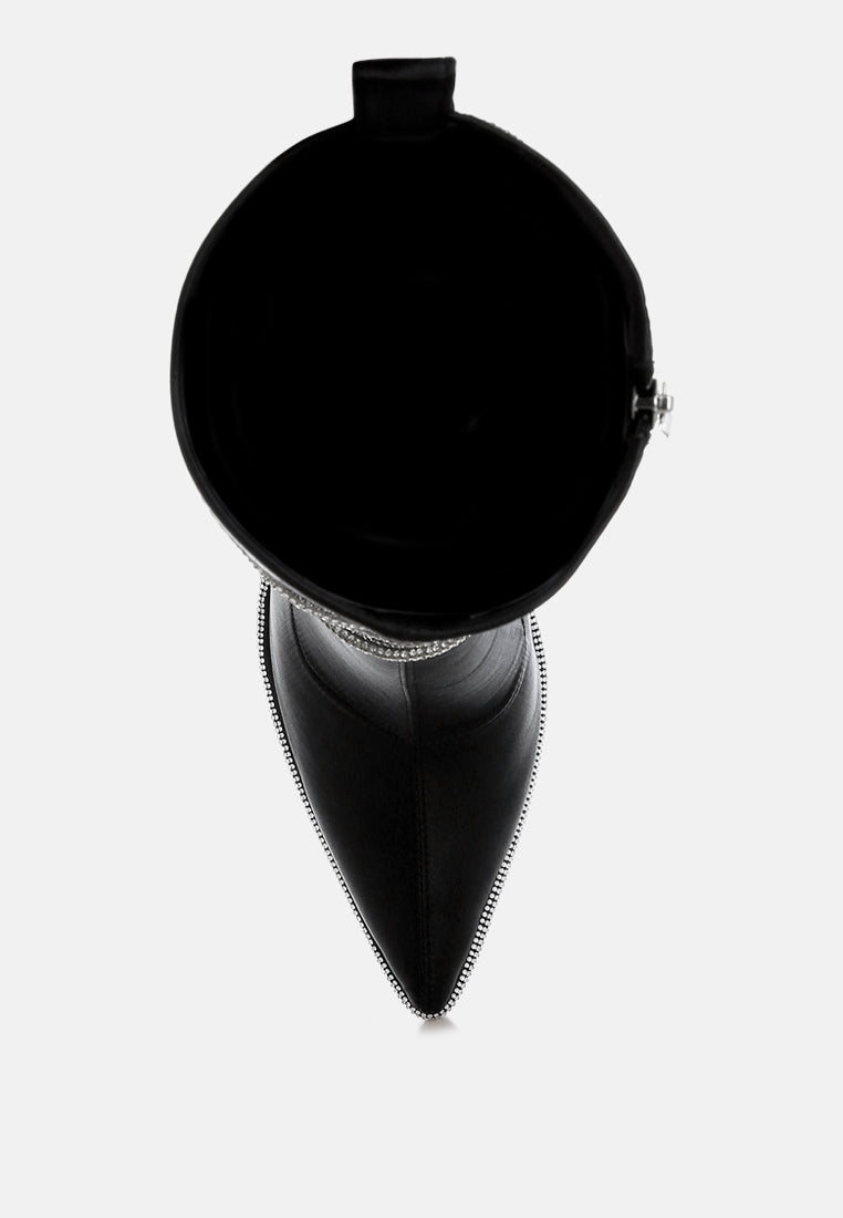 women rhinestones strap satin calf boots#color_black