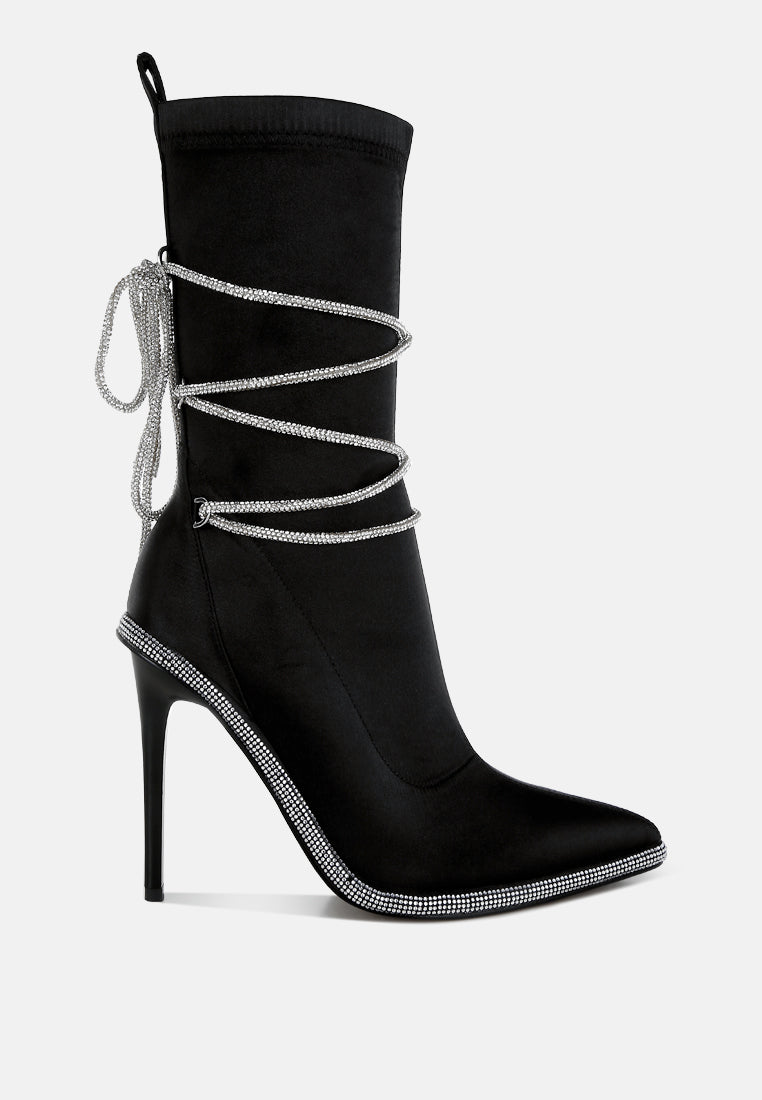 women rhinestones strap satin calf boots#color_black
