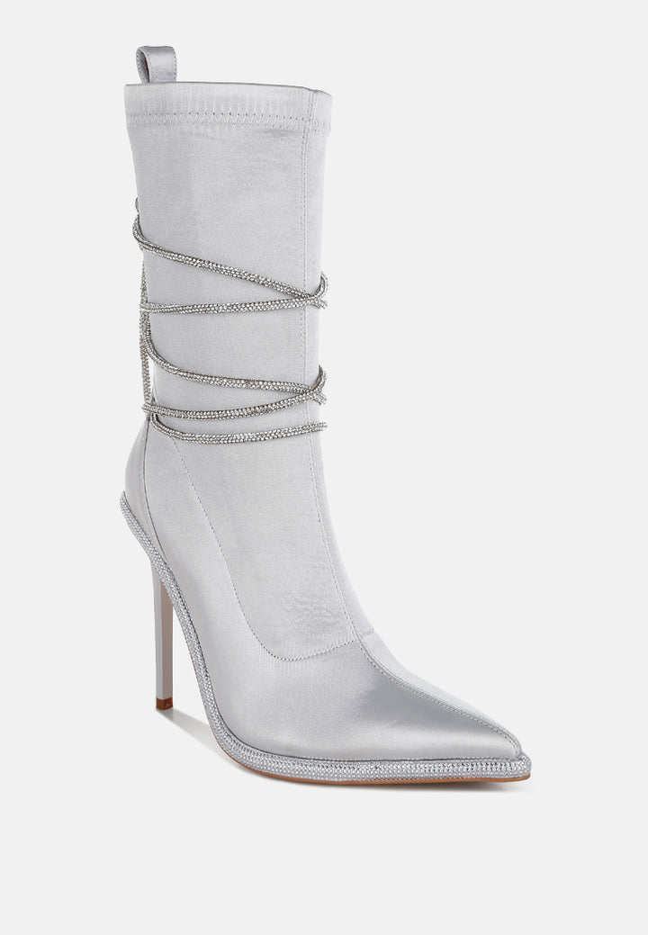 women rhinestones strap satin calf boots#color_silver