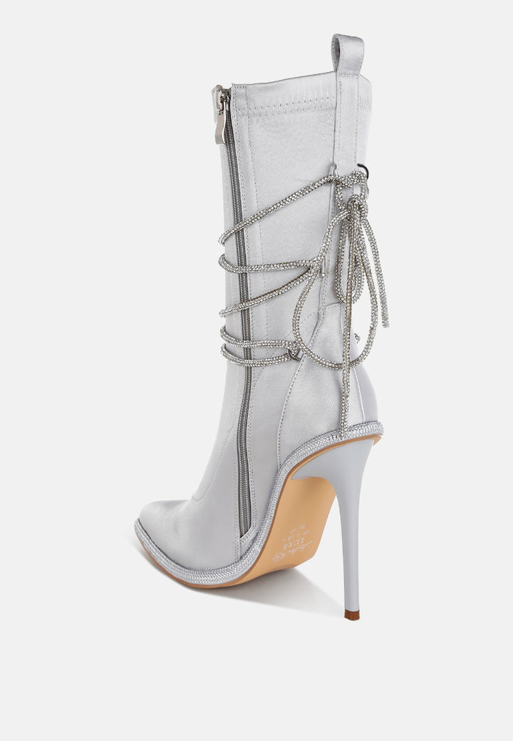 women rhinestones strap satin calf boots#color_silver