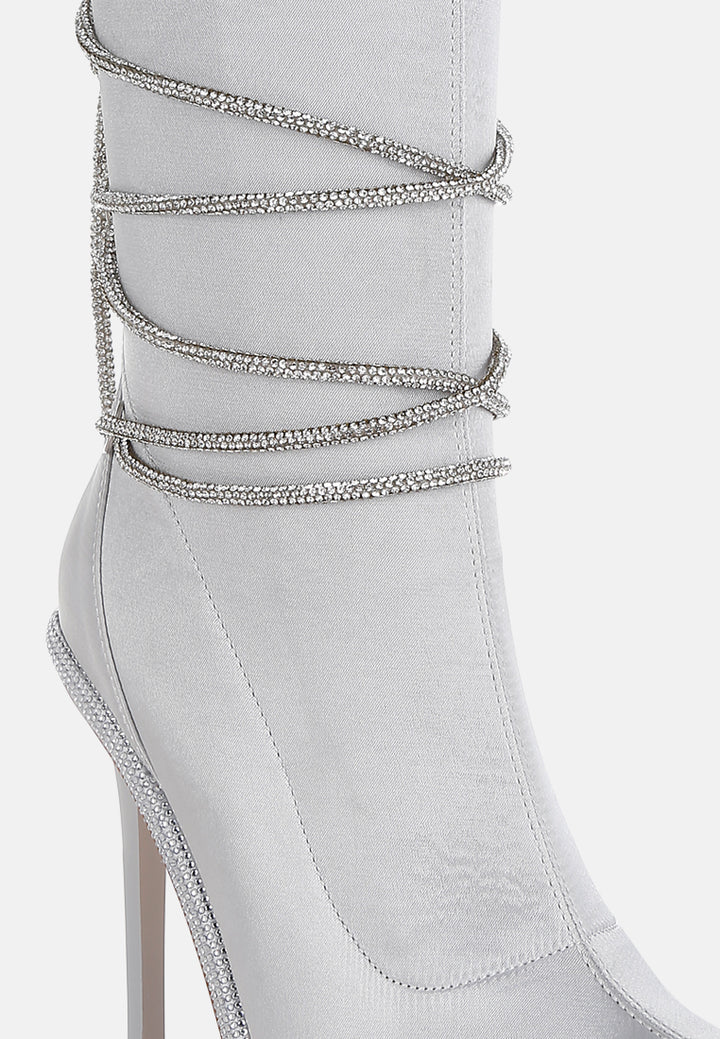 women rhinestones strap satin calf boots#color_silver