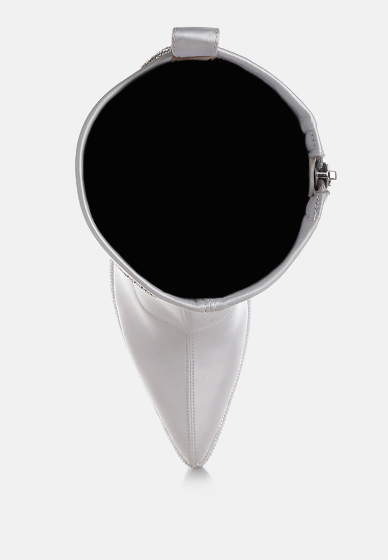 women rhinestones strap satin calf boots#color_silver