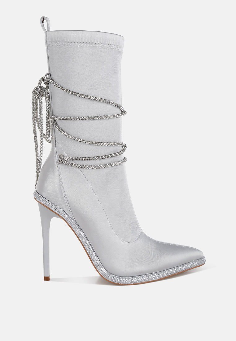 women rhinestones strap satin calf boots#color_silver