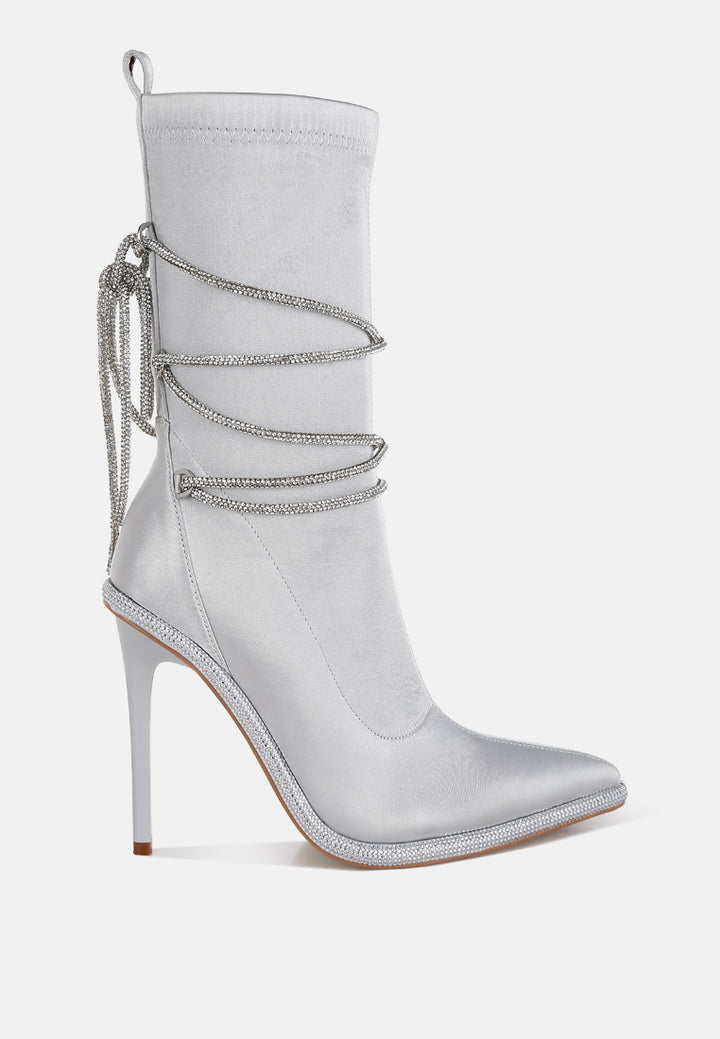 women rhinestones strap satin calf boots#color_silver