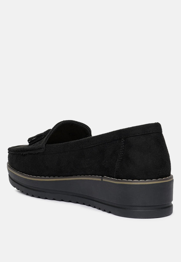 women platform lug sole tassel loafers#color_black