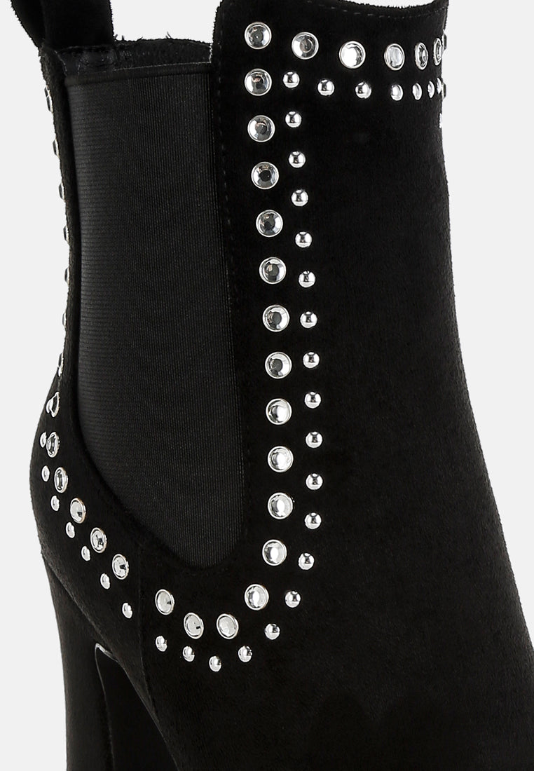 women studs embellished high ankle boots#color_black