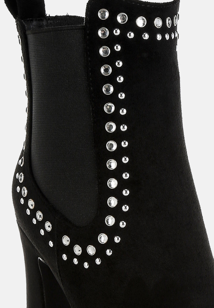 women studs embellished high ankle boots#color_black