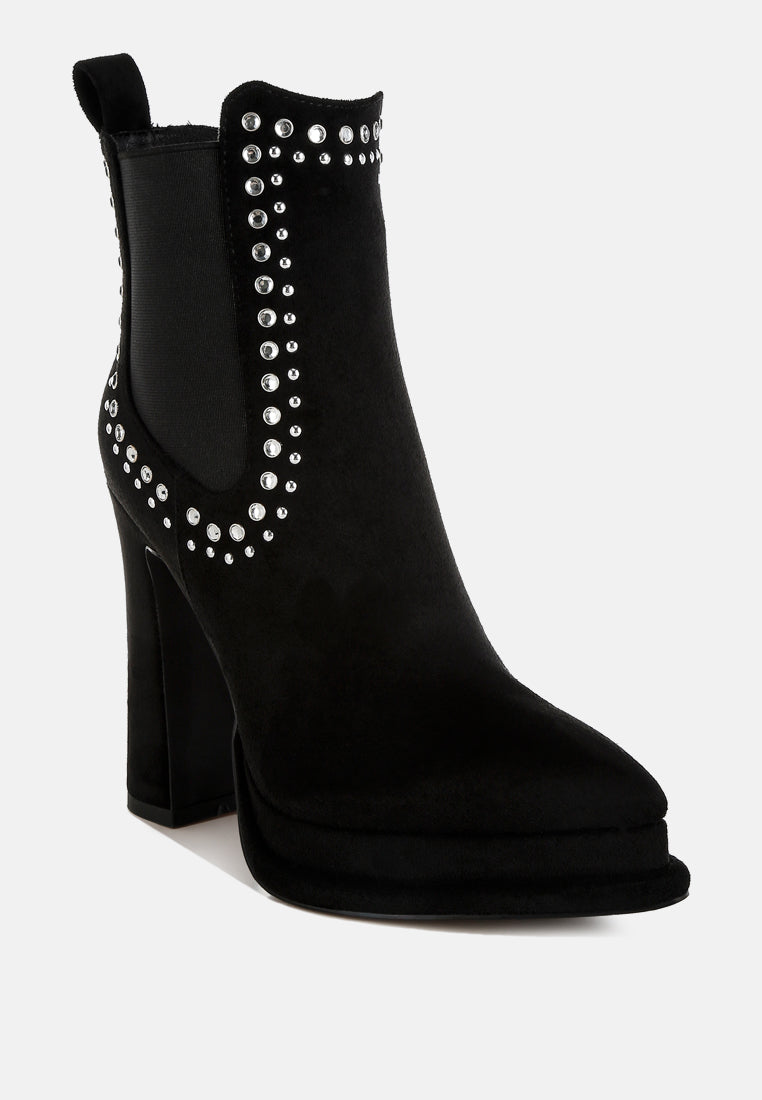 women studs embellished high ankle boots#color_black