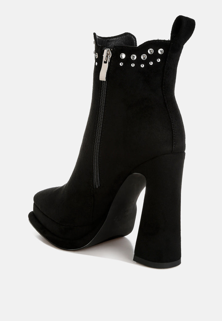 women studs embellished high ankle boots#color_black