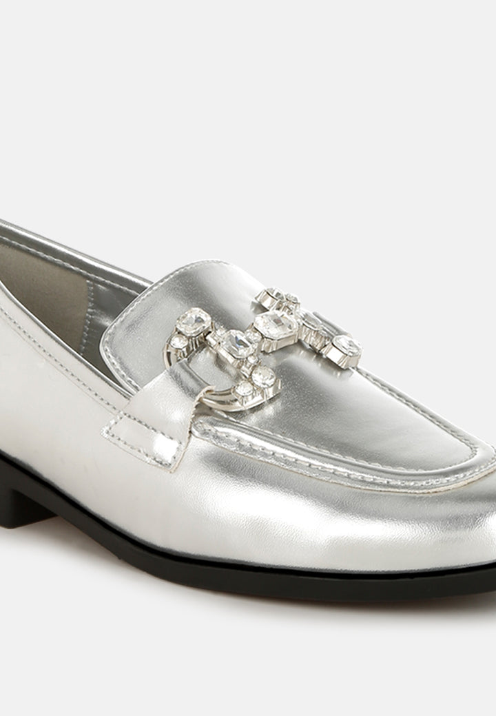 women diamante horsebit metallic loafers#color_silver