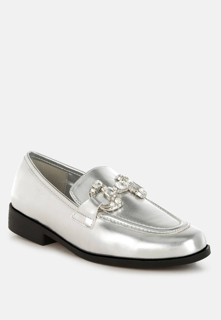 women diamante horsebit metallic loafers#color_silver