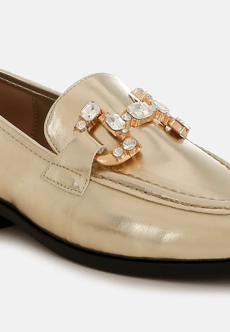 women diamante horsebit metallic loafers#color_gold