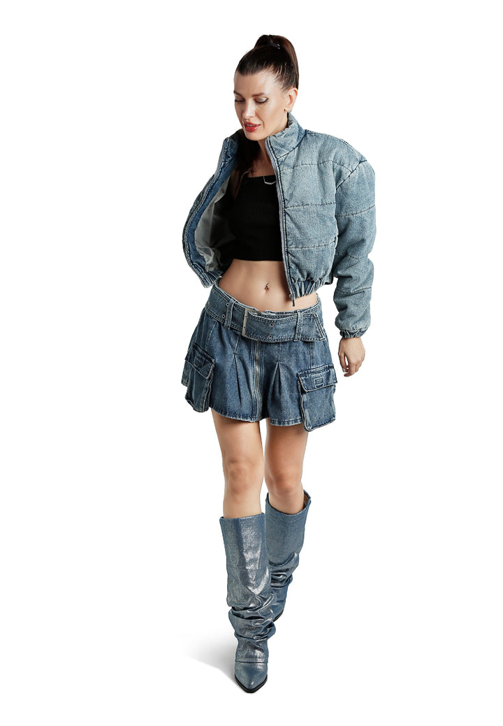 Denim Puffer Short Jacket in Blue