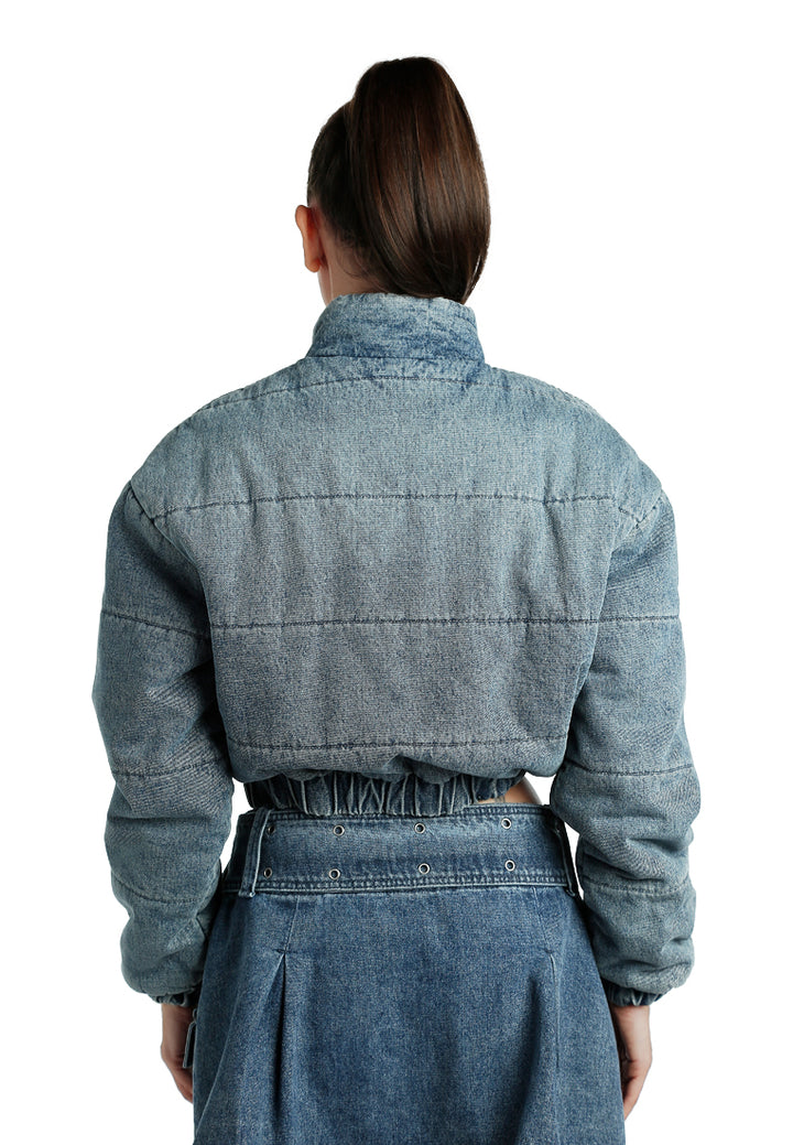 Denim Puffer Short Jacket in Blue