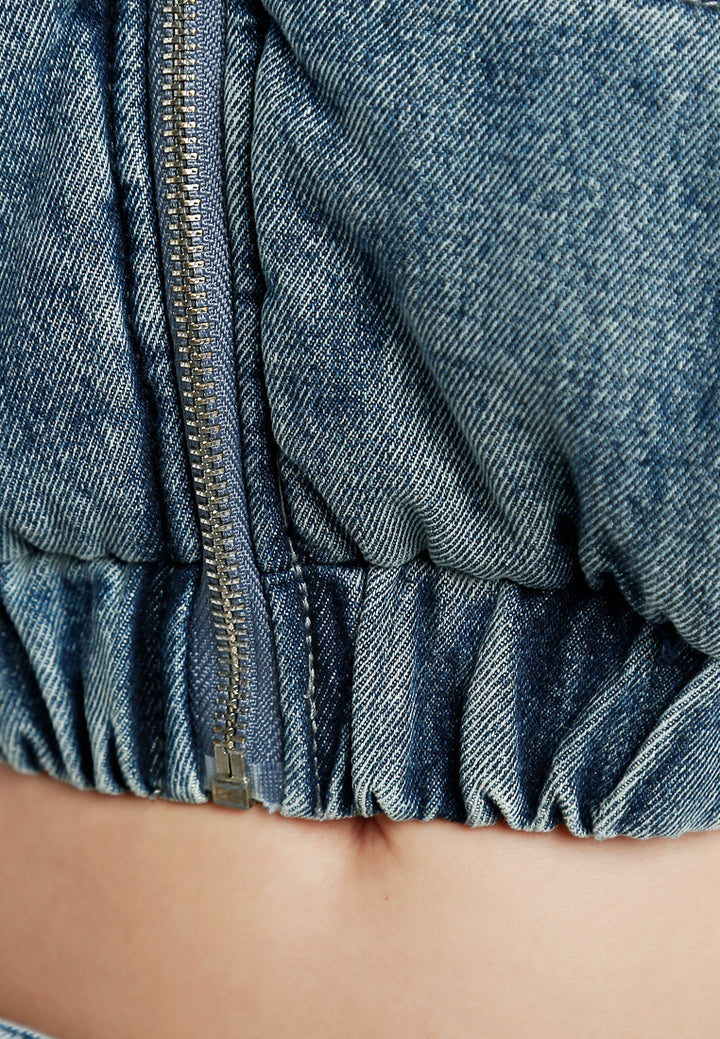 Denim Puffer Short Jacket in Blue