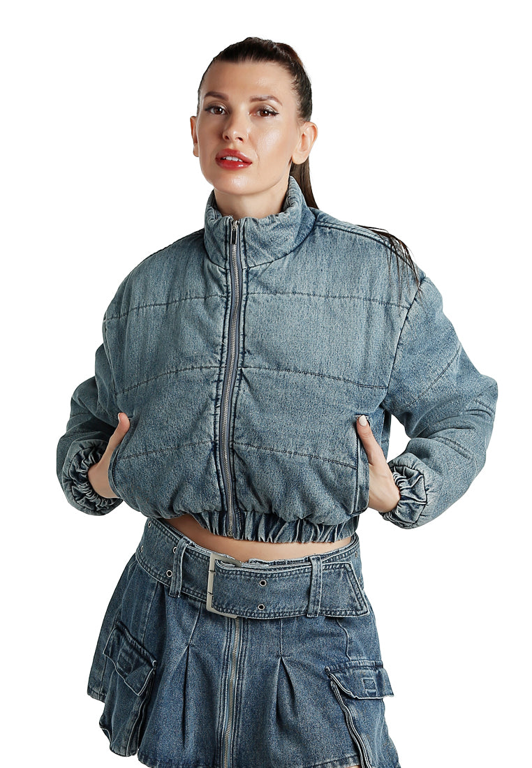 Denim Puffer Short Jacket in Blue